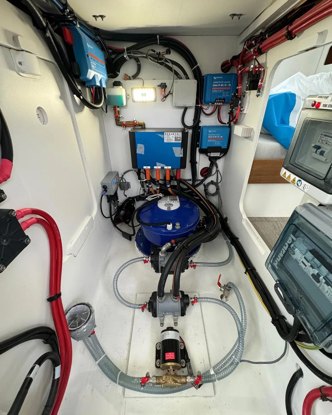 Organized marine electrical installation with heavy conductors, control equipment, and connected machinery