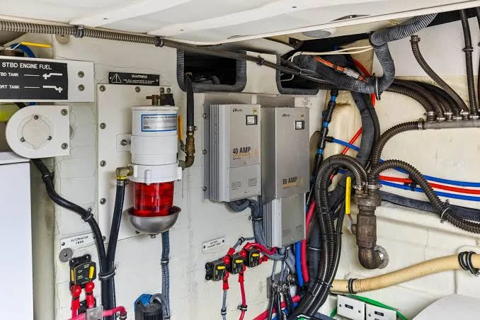 New fuel filter installed in the middle of the equipment space, with battery chargers to the right.