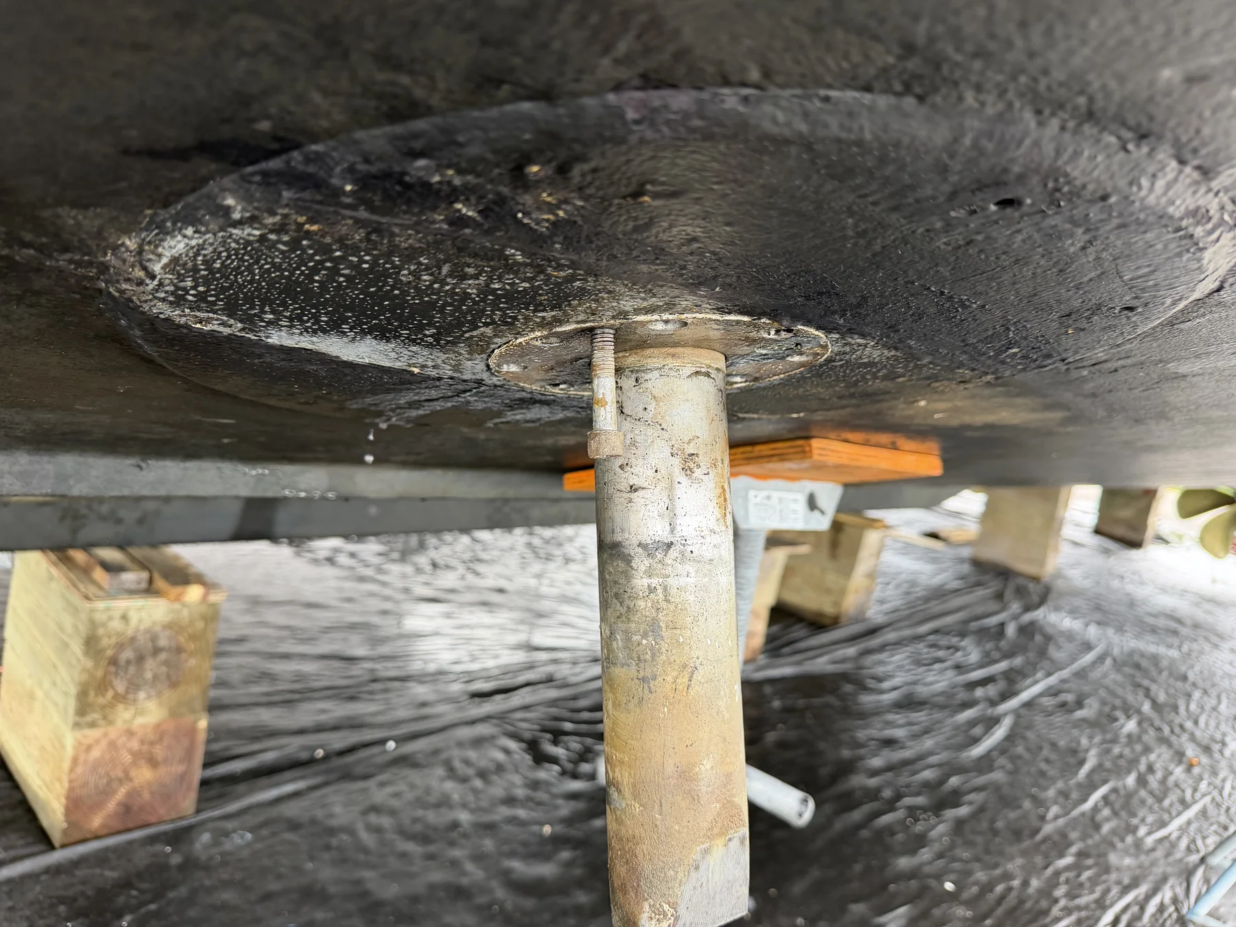 Stabilizer fin shaft where it passes into the underside of the hull.