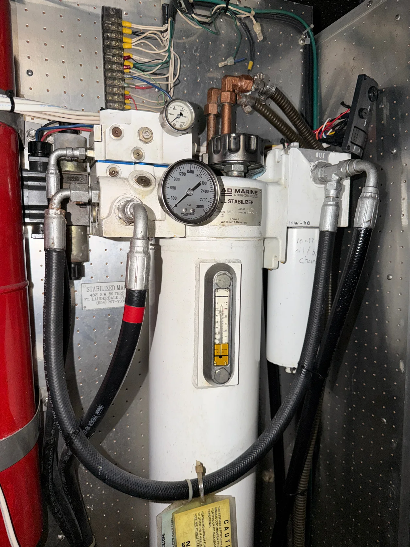 Marine stabilizer hydraulic power unit with pressure gauge, filtration, valves, and connected hoses