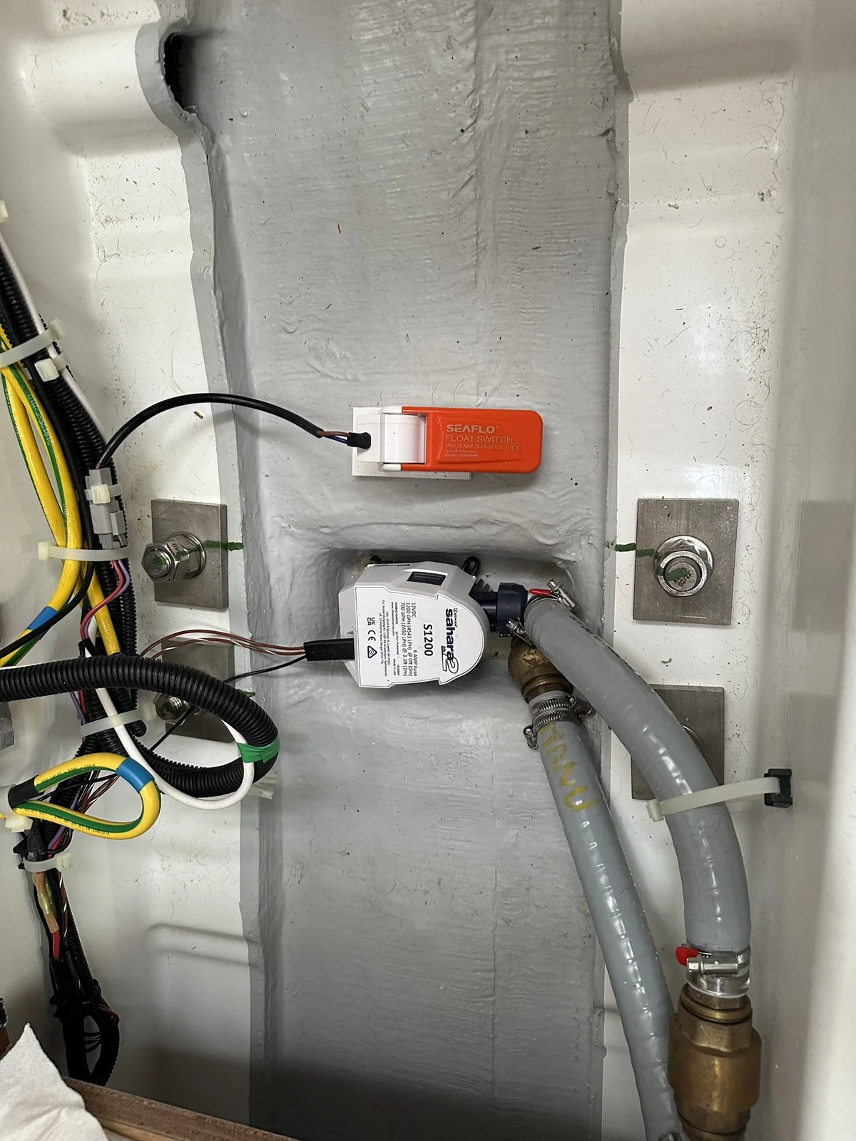 Bilge pump and float switch connected to marine hoses and organized wiring.