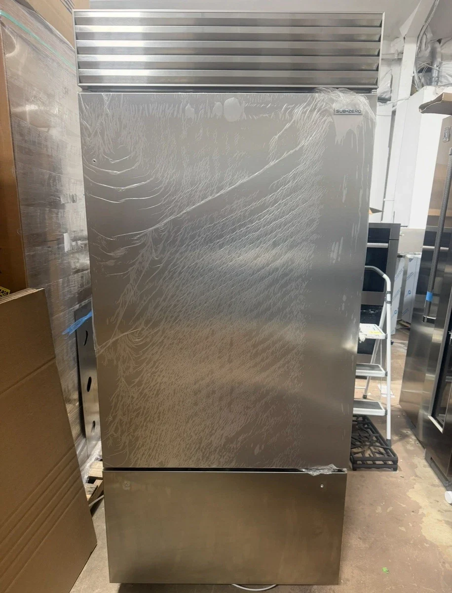 New stainless Sub-Zero upright refrigerator with protective film